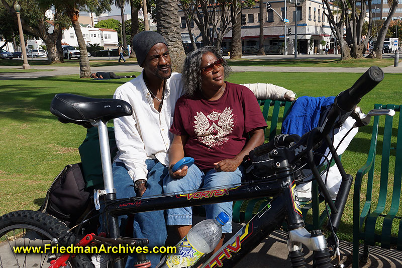 santa monica,homeless,couple,bicycle,